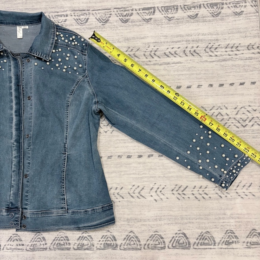 Glam Vintage Pearl Chic Denim Jean Stretchy Jacket Feminine Western Y2K Large - Picture 13 of 15